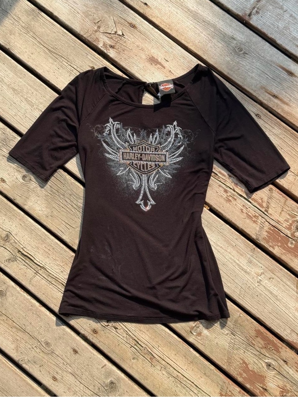 Harley Davidson black top with rhinestones, and white logo with ornate wings